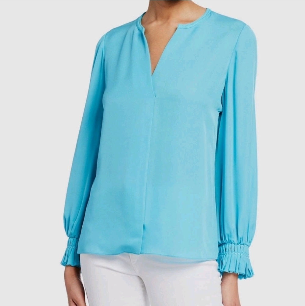 KOBI HALPERIN Miley VNeck Silk Long Sleeve Blouse Aqua Ruffled Cuffs Size MEDIUM